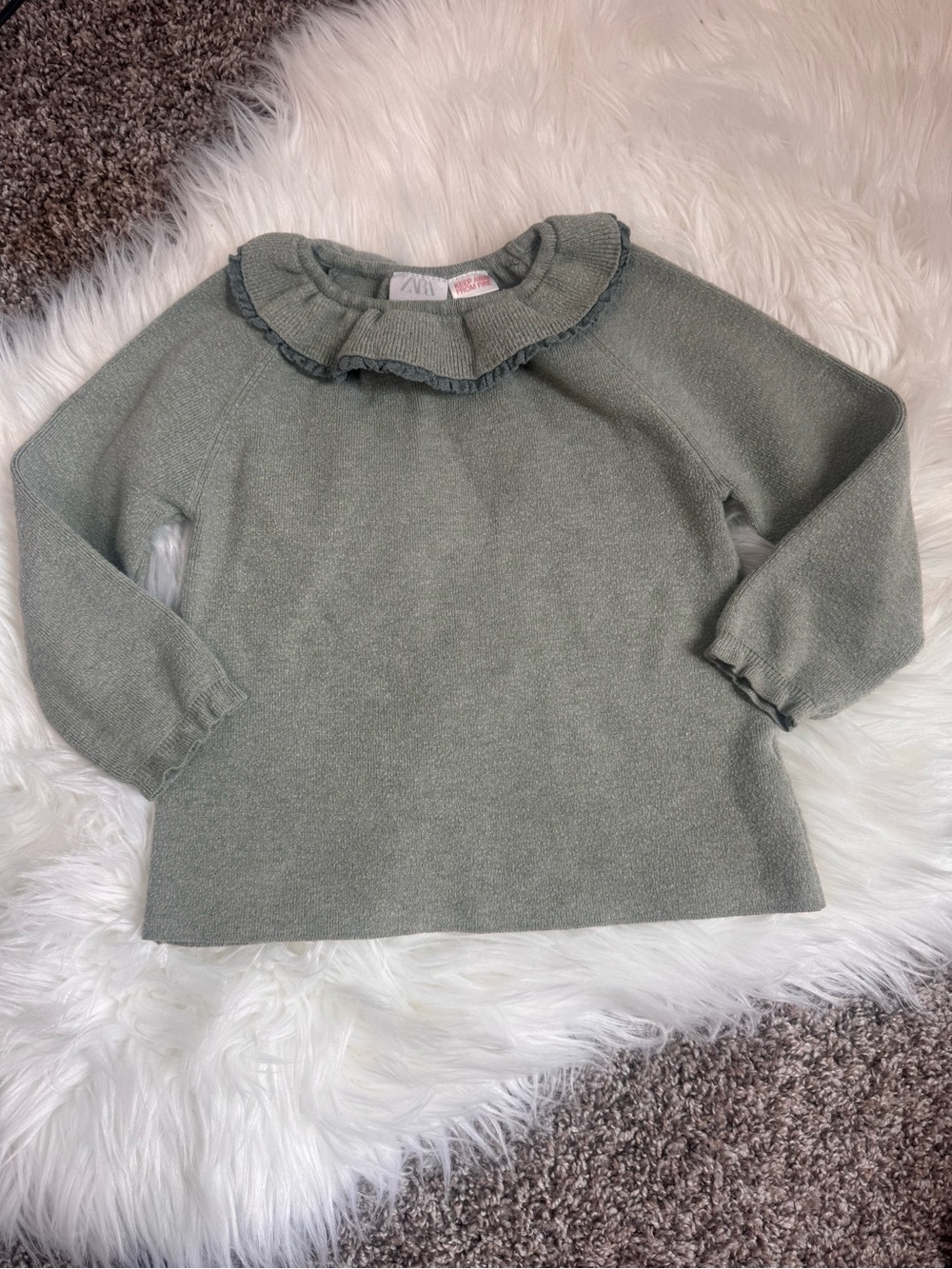 Zara Kids Sage Green Ruffle Neck Knit Top